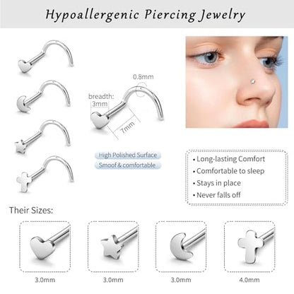 20G Nose Rings for Women, L Shaped Nostril Piercing Studs | 316L Stainless Steel, 0.8 mm×7 mm, 2 mm CZ or 3-4 mm Heart, Star, Moon and Cross, Gold-Tone or Silver-tone, Daily Wear - style: Silver Style A