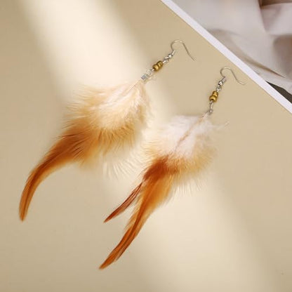 RUOFFETA Long Feather Earrings for Women, Boho Bohemian Earrings Multicolor Tassel Handmade Feather Earrings for Women Dangling - style: M-Brown