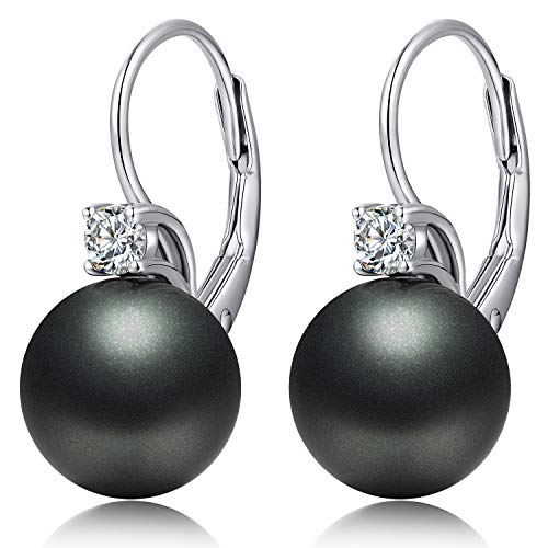 Pearl Earrings for Women Pearl Leverback Earrings 925 Sterling Silver - color: A2-zirconia-black pearl