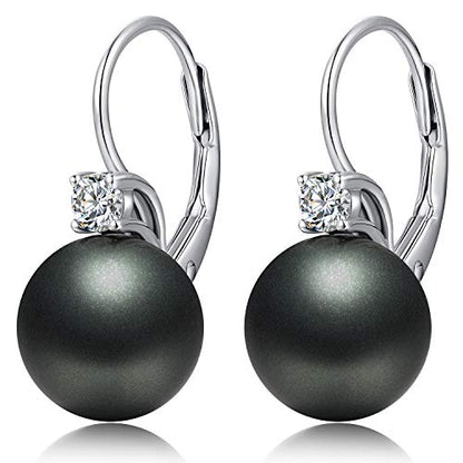Pearl Earrings for Women Pearl Leverback Earrings 925 Sterling Silver - color: A2-zirconia-black pearl