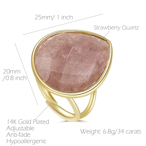 Crystal Ring for Women, Natural Rose Quartz Green Fluorite Ring for Her, Teardrop Shape Gemstone Ring, Handmade rose quartz Jewelry Adjustable Ring. - color: Red Strawberry Quartz