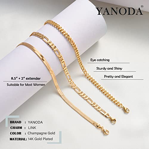 YANODA 3Pcs Gold Ankle Bracelets for Women Dainty 14k Gold Plated Layering Anklets Set Adjustable Fashion Link Chain Ankle Bracelet Adjustable Beach Foot Jewelry Gifts for Women - color: Snake+Cuban(M)+Figaro