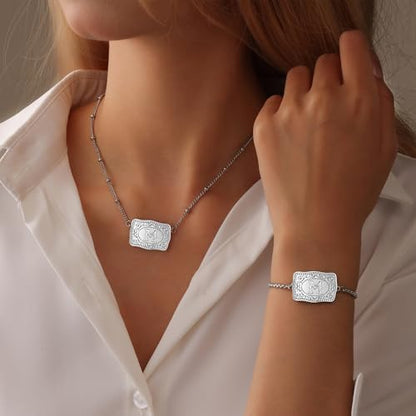 2 Pcs Belt Buckle Initial Necklace Bracelet Jewelry Set for Women, 18K Gold/Silver Plated Belt Buckle Initial A-Z Necklace Bracelet Set Unique Western Style Jewelry Gifts - style: H