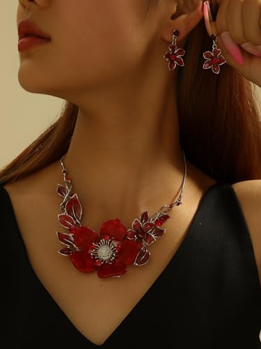 Chunky Statement Jewelry Set Vintage Retro Leaf Flower Floral Geometric Bohemian Boho Bib Necklace Earring Set Fashion Costume Jewelry for Women Girls Wedding Party Prom Unique Gift - style: flower leaf-red