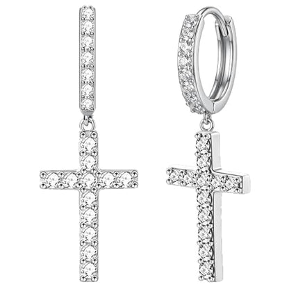 NEWITIN CZ Cross Earrings for Men Women 14K Gold Plated Huggie Hoop Earring | Hypoallergenic, 5A+ Cubic Zirconia, Cartilage Earring, Sensitive Ears, Silver Gold, Men Hoops Dangling, Cross Diamond Earring - color: Silver B