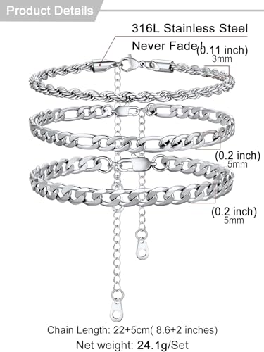 U7 2Pcs/3Pcs Ankle Bracelets for Women, Stainless Steel Cuban Link/Figaro/Rope/Heart Chain Anklets Sets,Waterproof Layered Anklets Adjustable 8.5"-10.5" - color: 03. 3Pcs Style A-Stainless Steel