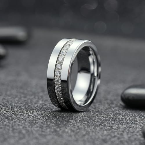 King Will Mens Tungsten Wedding Band with Cubic Zircon Inlay 7mm/8mm Flat Cut Comfort Fit Engagement Rings - color: Silver&White