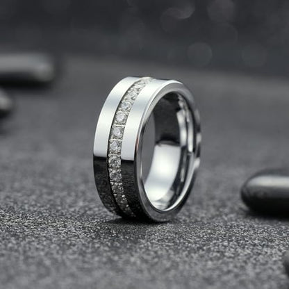 King Will Mens Tungsten Wedding Band with Cubic Zircon Inlay 7mm/8mm Flat Cut Comfort Fit Engagement Rings - color: Silver&White