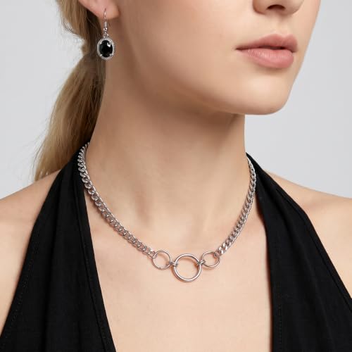 Stainless Steel O-Ring Choker Collar for Women, Silver Collar Necklace | Cuban Link Chain Collar Necklace for Women, Adjustable Length 14 to 17 Inches, 8mm Width, 20mm Large O-Ring Collar for Women