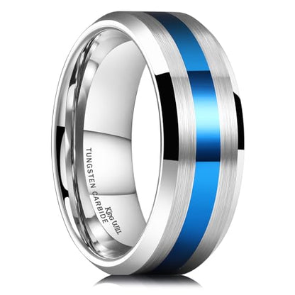 King Will Classic Tungsten Carbide Ring Brushed Two Grooved Center Hammered Design Mens Wedding Band for Men | Black/Silver/Gold, 8mm, Men's Wedding Band, Grooved, Comfort Fit, Everyday Wear - color: B-Silver&Blue 8mm