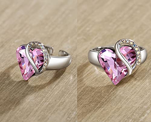 Leafael Infinity Love Women's Adjustable Crystal Heart Ring with Birthstone Crystals Healing Stones, Jewelry Gifts for Women, Birthdays Valentine's Day, Silver-Tone, Open End, Size 6.5-8 - color: 03b-October-Love-Rose Quartz Pink
