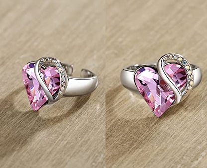 Leafael Infinity Love Women's Adjustable Crystal Heart Ring with Birthstone Crystals Healing Stones, Jewelry Gifts for Women, Birthdays Valentine's Day, Silver-Tone, Open End, Size 6.5-8 - color: 03b-October-Love-Rose Quartz Pink