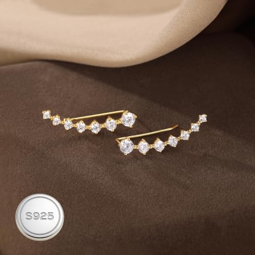 Reffeer Solid 925 Sterling Silver 7 Crystals Cuff Earrings Climber for Women Crawler Earrings Wraps - color: B-Yellow