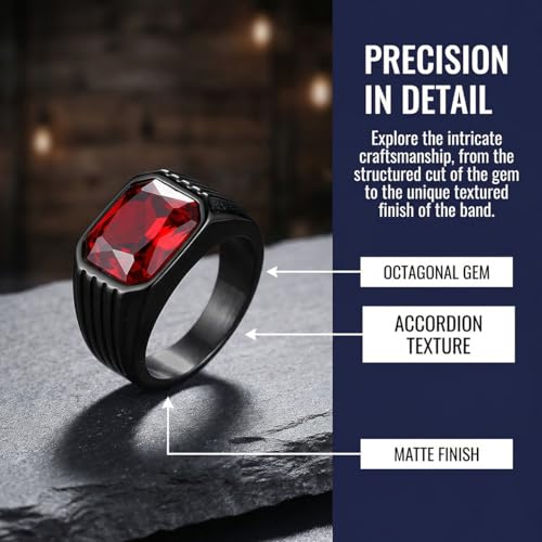 Cubic Zirconia Rings for Men Women Stainless Steel Birthstone Ring Square Cut Statement Jewelry Size 7-14 - color: Black-Ruby Stone, size: 12