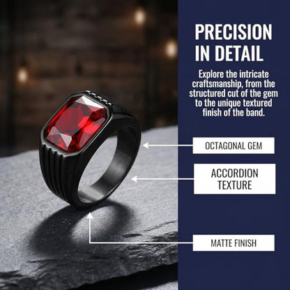 Cubic Zirconia Rings for Men Women Stainless Steel Birthstone Ring Square Cut Statement Jewelry Size 7-14 - color: Black-Ruby Stone, size: 12