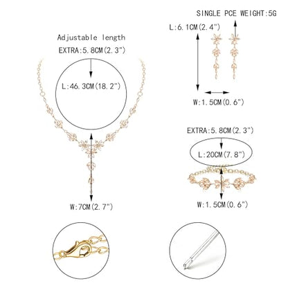 EVER FAITH Crystal Flower Wedding Prom Jewelry Set for Bride Bridesmaid | Rhinestone Costume Party Y-Shaped Necklace Dangle Earrings Bracelet, for Women - color: Champagne Gold-Tone
