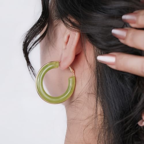 Chunky Gold Resin Hoop Earrings Leverback Statement Huggie Hoops Dangle Drop Dressy Earring Prom Festival Vacation Jewelry for Women - color: Green, size: Hoop