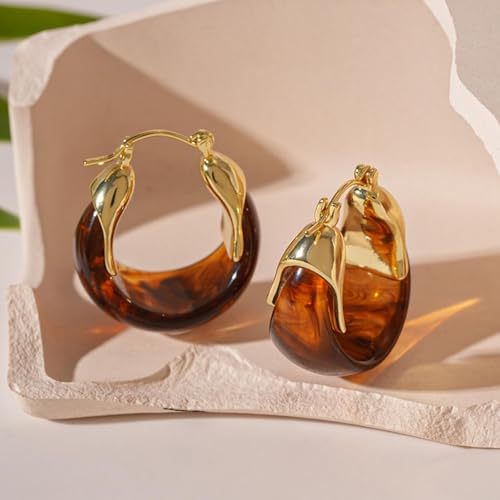 Brown Earrings for Women Chunky Gold Statement Earrings Small Gold Hoop Earring Resin Huggie Earring Square Hoop Trendy Jewelry Gifts for Women Everyday Wear - color: brown