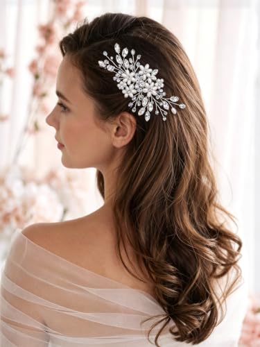 Wedding Hair Comb Pearl Crystal Bridal Hair Piece | Rhinestone Wedding Hair Accessories，Silver Hair Comb Clip for Women Wedding Party - color: silver-346