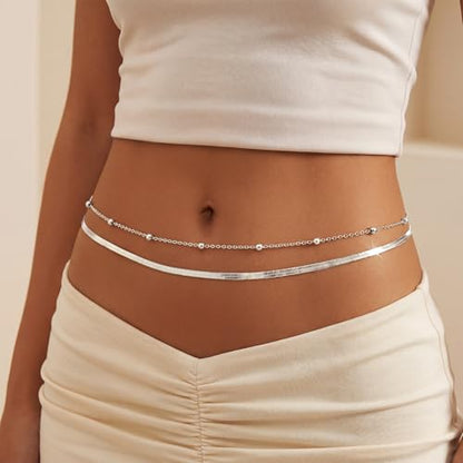 Layered Waist Chain for Women Waterproof, 14K Gold/Silver Plated Belly Chain Belt Waist Beads Chain Herringbone Snake Satellite Body Chain Beach Summer Fashion Jewelry Gift - style: Style 1-Silver