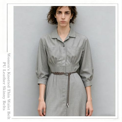 Women's Knotted Thin Waist Belt PU Leather Skinny Belts for Dresses Pants - color: Plaited Hair-coffee