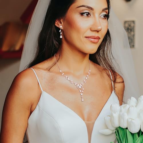 Crysdue Women's Wedding Bridal Jewelry Set for Brides Bridesmaids Cubic Zirconia Flower Leaf Vine Necklace Dangle Earrings for Prom Party - style: 36-rose gold