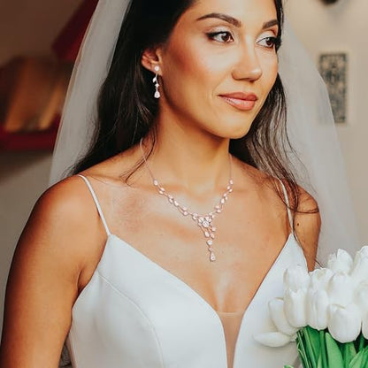 Crysdue Women's Wedding Bridal Jewelry Set for Brides Bridesmaids Cubic Zirconia Flower Leaf Vine Necklace Dangle Earrings for Prom Party - style: 36-rose gold