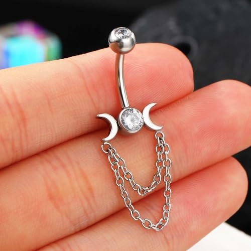 Moon Phase Belly Button Rings Double Chain Belly Rings 316L Stainless Steel Belly Button Piercing Jewelry 14Gauge Belly Ring for Women - color: Clear CZ