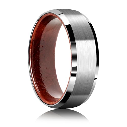 Tungsten Rings for Men Womens 8mm Black Silver Fashion Promise Wedding Band Carbide Inner Hole Inlaid Whiskey Barrel Wood Chamfer Frosted Matte Finish Edge Comfort Fit size 7-12 - color: silver Rosewood guide angle