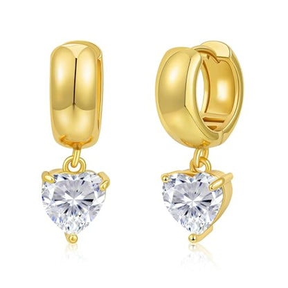 Chunky Gold Huggie Cz Dangle Earrings for Women | Hoop Huggies Dangly, Cubic Zirconia Drop Earring, Diamond Crystal Charm, Statement Dangling Earrings, Jewelry Gifts - color: Gold-Heart