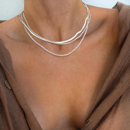 Freekiss Layered Necklace Set for Women Stackable | Herringbone Snake Cuban Rope Chain, Dainty Choker, Layered Stackable, Non Tarnish, Hypoallergenic, Adjustable 14-18.5" - color: Silver, style: 3Snake+Rope+Cuban