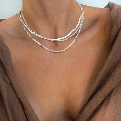 Freekiss Layered Necklace Set for Women Stackable | Herringbone Snake Cuban Rope Chain, Dainty Choker, Layered Stackable, Non Tarnish, Hypoallergenic, Adjustable 14-18.5" - color: Silver, style: 3Snake+Rope+Cuban
