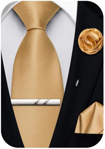 Solid Color Tie and Pocket Square with Tie Clip Lapel Pin Silk Formal Necktie Set Wedding Formal - color: Gold