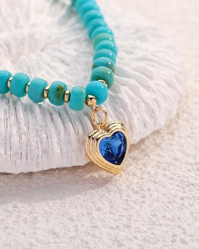 Boho Beaded Choker Necklaces for Women with A Gold Heart CZ - color: Turquoise