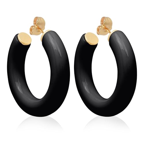 Gold Plated Multicolor Resin Chunky Thick Open Hoop Earrings in 57MM and 37.5MM Diameters - color: Black - Glossy Finish, size: 37.5MM (1.48") Diameter