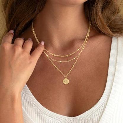 Ewrkbr Layered Necklaces for Women, Dainty Gold Necklace Stack 14k Gold Plated Layering Beaded Chain Choker Necklaces for Women Trendy Simple Disc Star Pendant Necklace Set Fashion Waterproof Jewelry - color: Gold-Dot+Sun