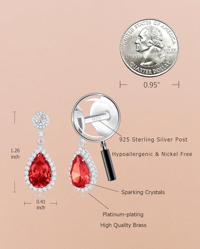 Silver Diamond Dangle Earrings for Women Rhinestone Teardrop Crystal Cubic Zirconia Drop Dangling Wedding Costume Jewelry - color: 07.July-White Gold Plated | Ruby red