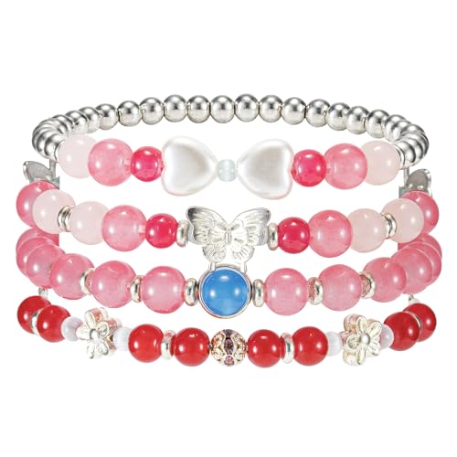 Besydec Stackable Boho Beaded Bracelets With Natural Stone & Pearl Heart & Clay Beads for Women,Adjustable Silver Jewelry - color: Red Silver