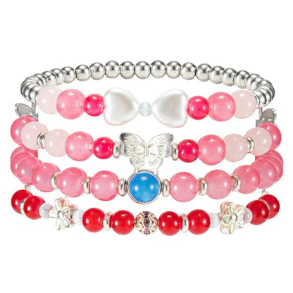 Besydec Stackable Boho Beaded Bracelets With Natural Stone & Pearl Heart & Clay Beads for Women,Adjustable Silver Jewelry - color: Red Silver
