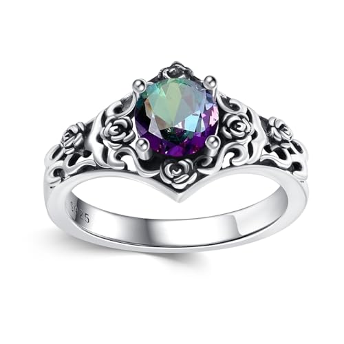 Vintage Style 1 Carat Round Cut Birthstone Ring 925 Sterling Silver Stone with Oxidized Rose Filigree Anniversary Engagement Ring for Women Gifts Size 5-12 - color: Mystic Topaz