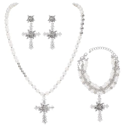 Bocar Gothic Cross Layered Pearl Necklace Chunky Statement Stacked Necklace Y2K Silver Layered Necklace for Women (NK-10769) - color: 799-White Set