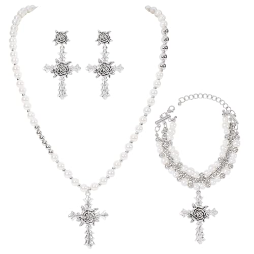 Bocar Gothic Cross Layered Pearl Necklace Chunky Statement Stacked Necklace Y2K Silver Layered Necklace for Women (NK-10769) - color: 799-White Set
