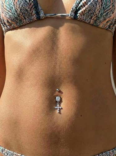 Belly Button Ring Dangle, Cross Belly Button Ring, Navel Piercing | 316L Surgical Steel, AAA+ Cubic Zirconia, Nickel-Free, Hypoallergenic, Multi-Style, 14 Gauge 10 mm Screw On Piercing Stud - style: Zircon Cross