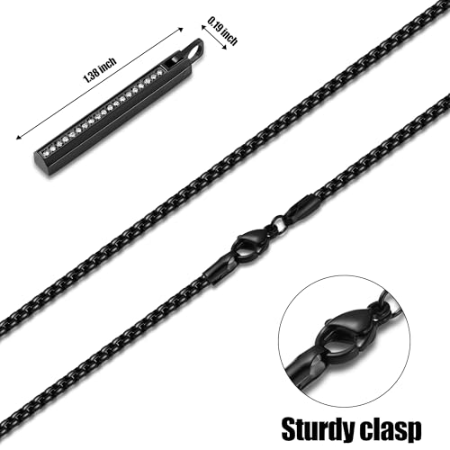 Fiusem Pendant Necklace for Men, Stainless Steel Bar Chain | Silver Tone/14k Gold Plated/Black Mens Pendant Necklaces with 2.5mm Box Chain, Jewelry Gifts 18-28 Inch - color: black, size: 22 Inches, style: Clasp Diamond Rectangle