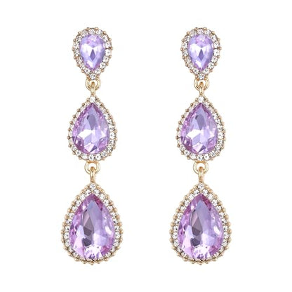EleQueen Women's Crystal Teardrop Pear Shape 2.5 Inch Long Earrings | Dangle Earrings for Women, TearDrop Crystals Earrings for Bride Bridesmaid, Prom Jewelry for Wedding - color: LIght Purple Gold-Tone