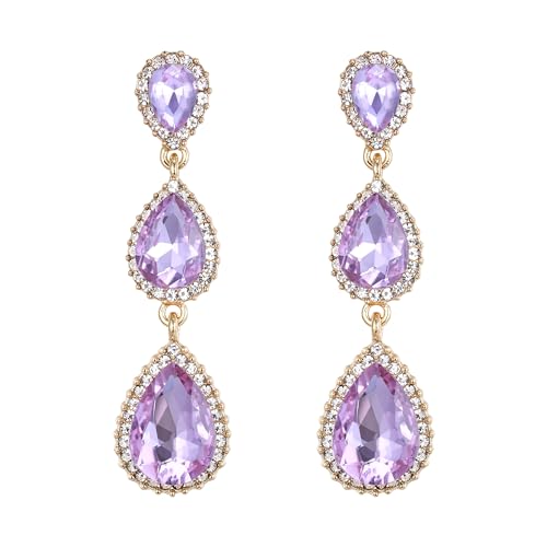 EleQueen Women's Crystal Teardrop Pear Shape 2.5 Inch Long Earrings | Dangle Earrings for Women, TearDrop Crystals Earrings for Bride Bridesmaid, Prom Jewelry for Wedding - color: LIght Purple Gold-Tone