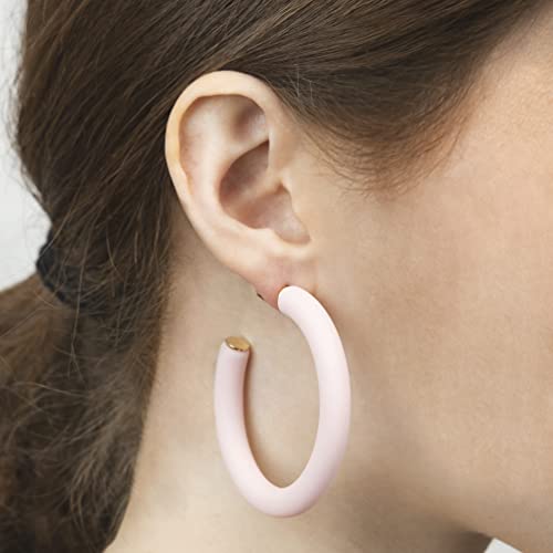 Gold Plated Multicolor Resin Chunky Thick Open Hoop Earrings in 57MM and 37.5MM Diameters - color: Pink - Pastel - Matte Finish, size: 57MM (2.24") Diameter