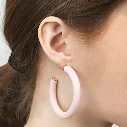 Gold Plated Multicolor Resin Chunky Thick Open Hoop Earrings in 57MM and 37.5MM Diameters - color: Pink - Pastel - Matte Finish, size: 57MM (2.24") Diameter