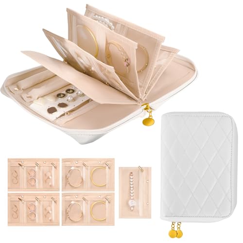 Travel Jewelry Case Organizer for Women, Jewelry Storage Book with Small Pouch, Travel Jewelry Bag Case for Traveling Necklace, Earrings, Rings, Bracelet Organizer - color: Cream White