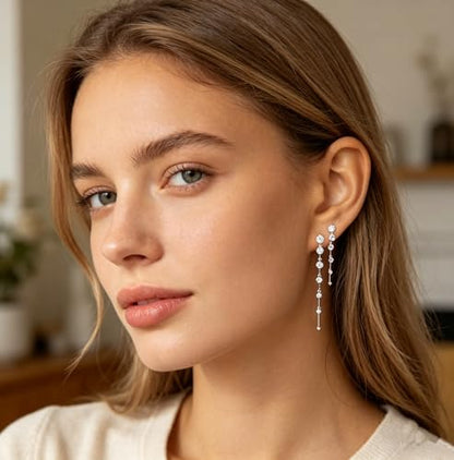Rhinestone Earrings Dangling for Women Sparkly Silver Dangle Earrings Girls Long Chandelier Earrings Tassel Lightweight Ear Studs Cubic Zirconia (KE001S-W) - color: A-2 pair silver YE01S